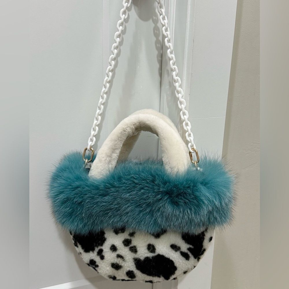 Colorblock Handmade Real Fox Fur & Shearling leather Top Handles Bag/Multi Use - Picture 7 of 16